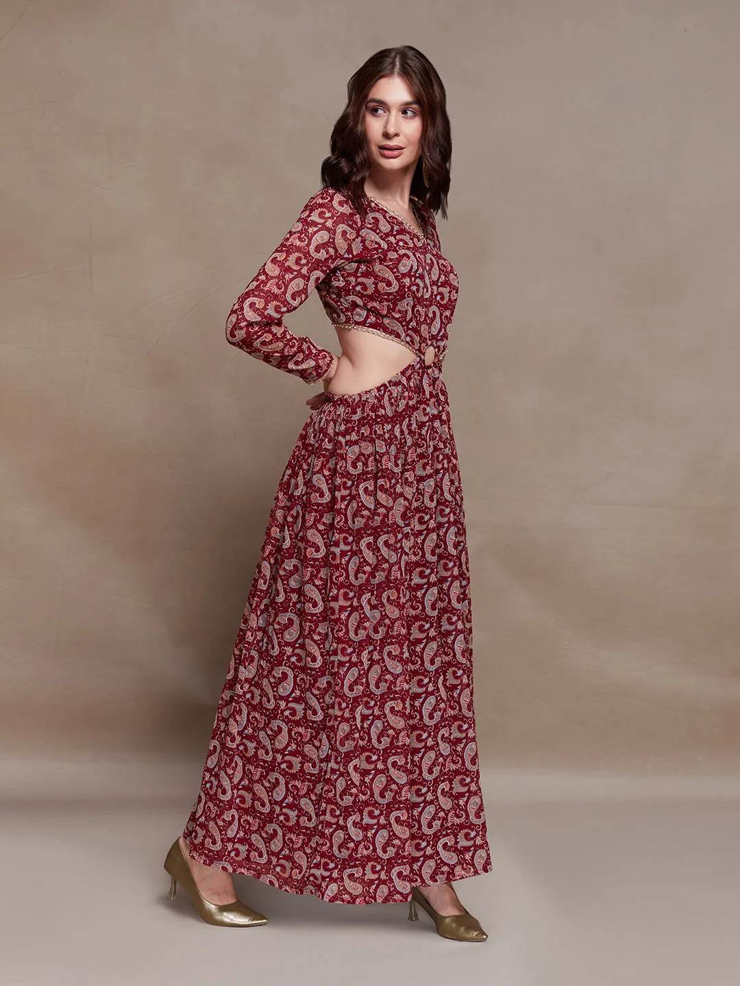 Magnificent Maroon Paisley Printed Cutout Maxi Dress