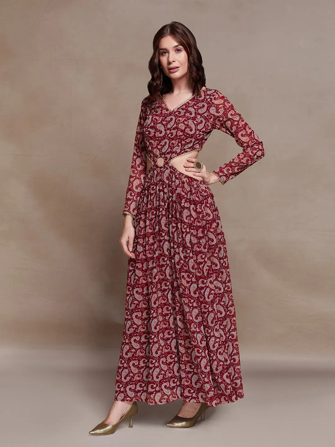 Magnificent Maroon Paisley Printed Cutout Maxi Dress