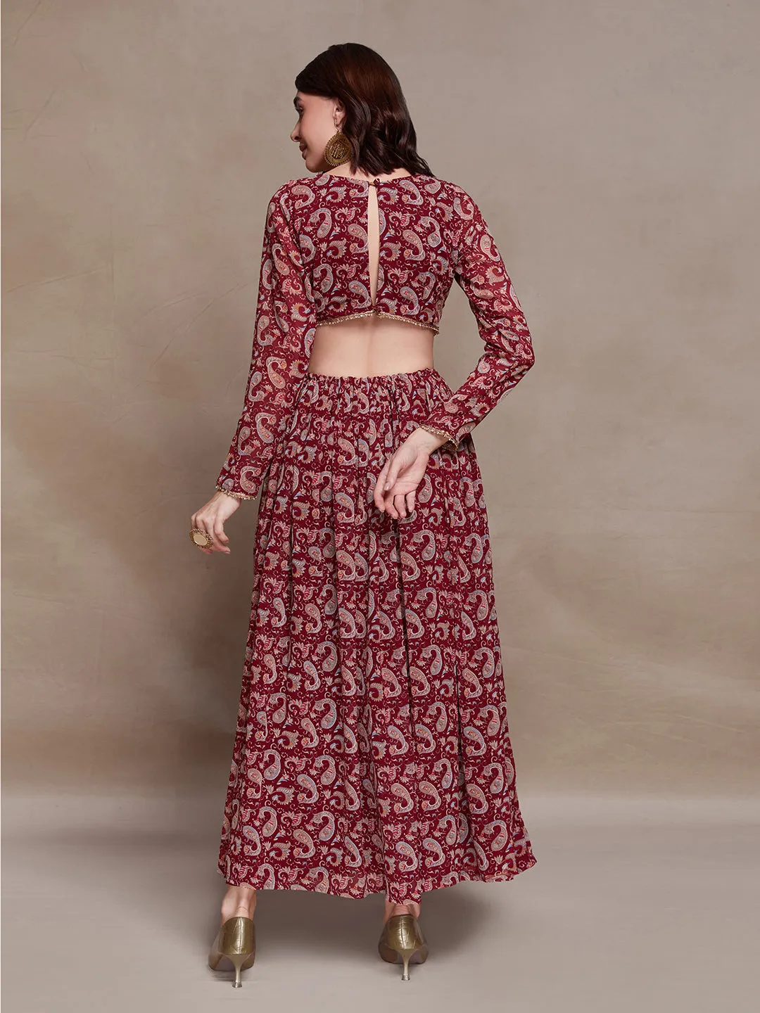 Magnificent Maroon Paisley Printed Cutout Maxi Dress