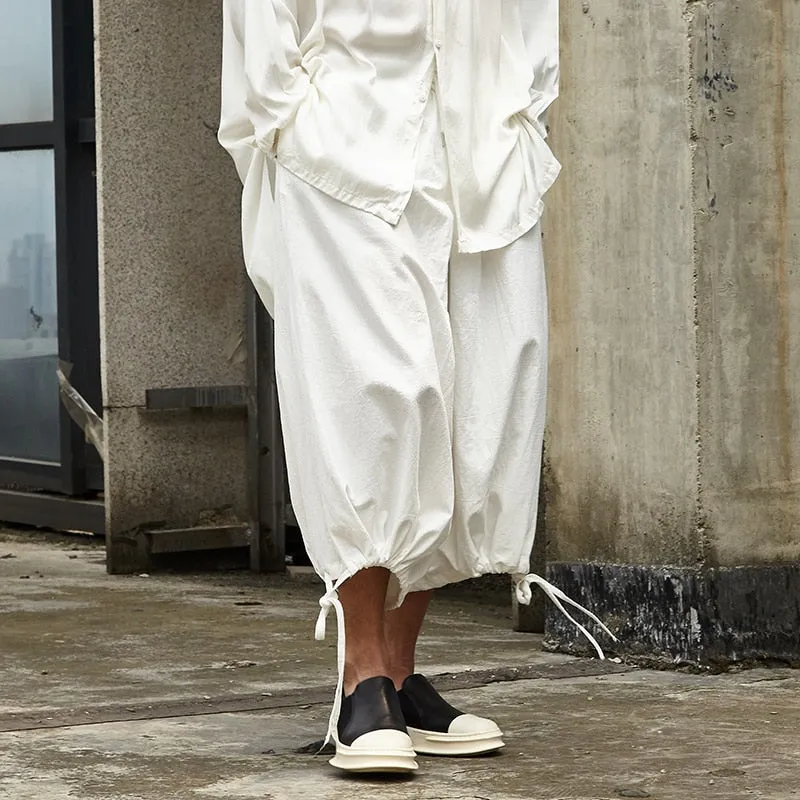 Men Monochrome Linen Drawstring Leg Jodhpur Pants