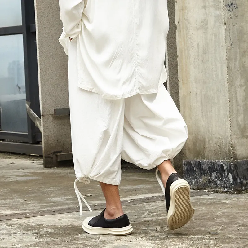 Men Monochrome Linen Drawstring Leg Jodhpur Pants