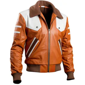 Men’s Brown Moto-Retro Genuine Sheepskin Leather Bomber Jacket