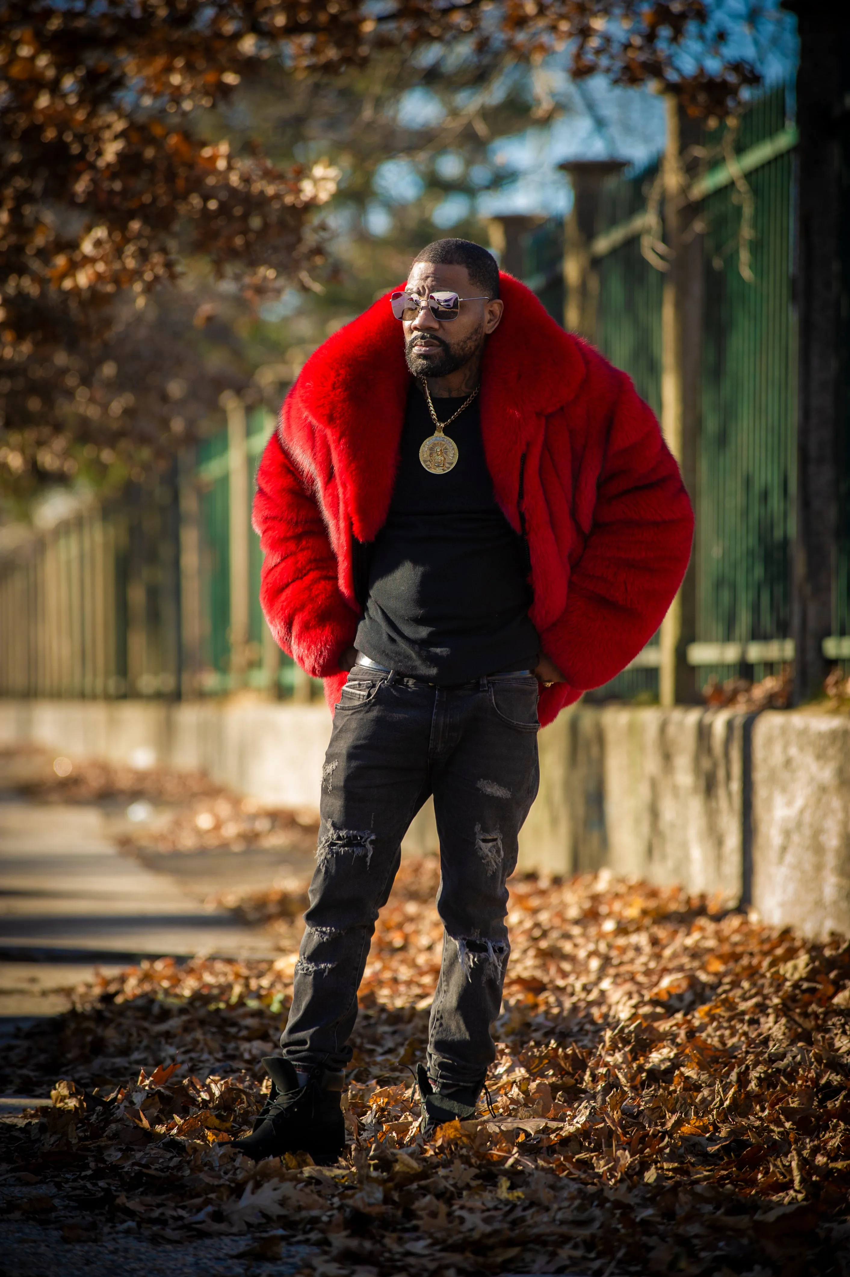 Men's Crystal Fox Fur Bomber Jacket [Red]