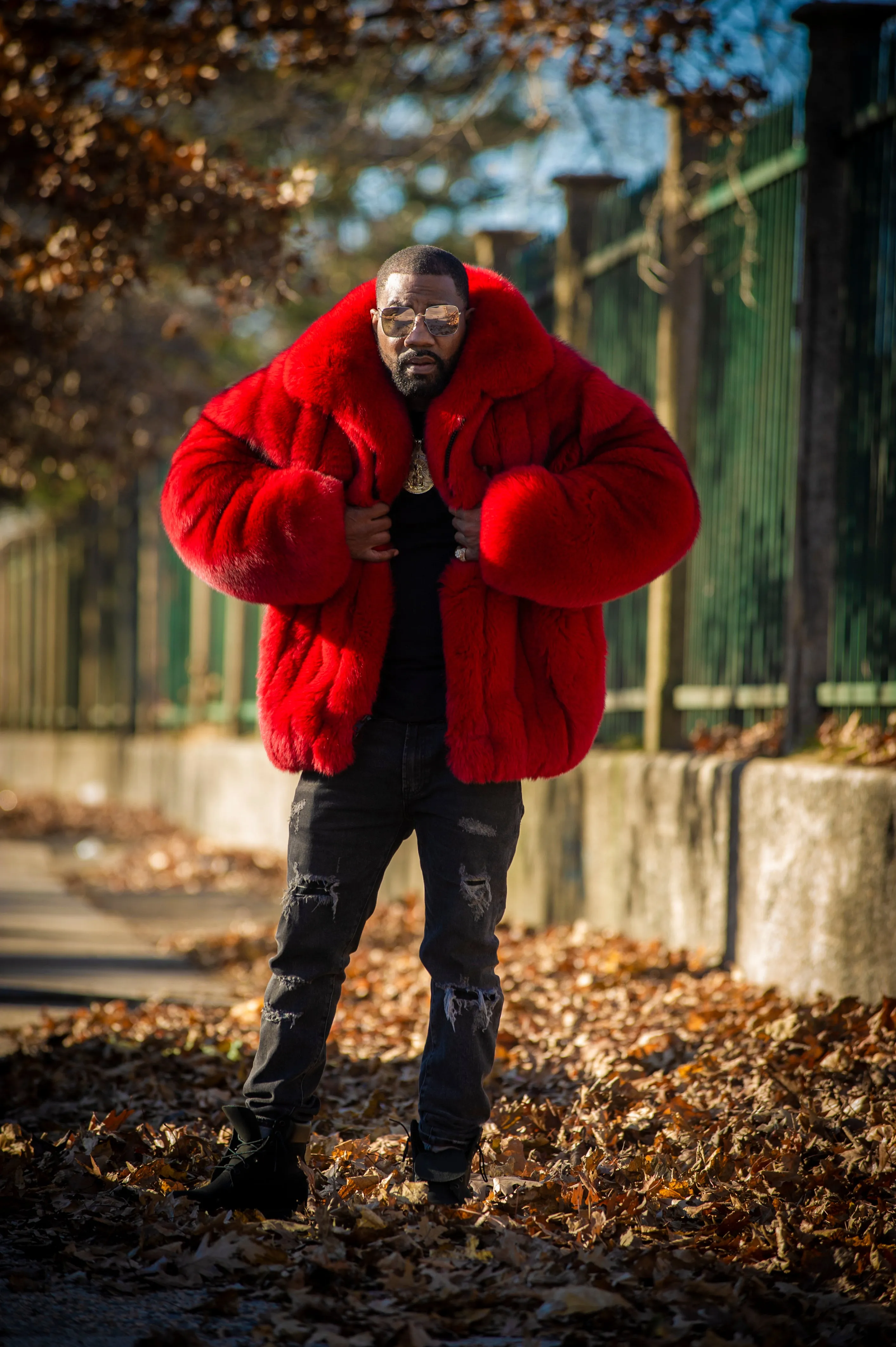 Men's Crystal Fox Fur Bomber Jacket [Red]