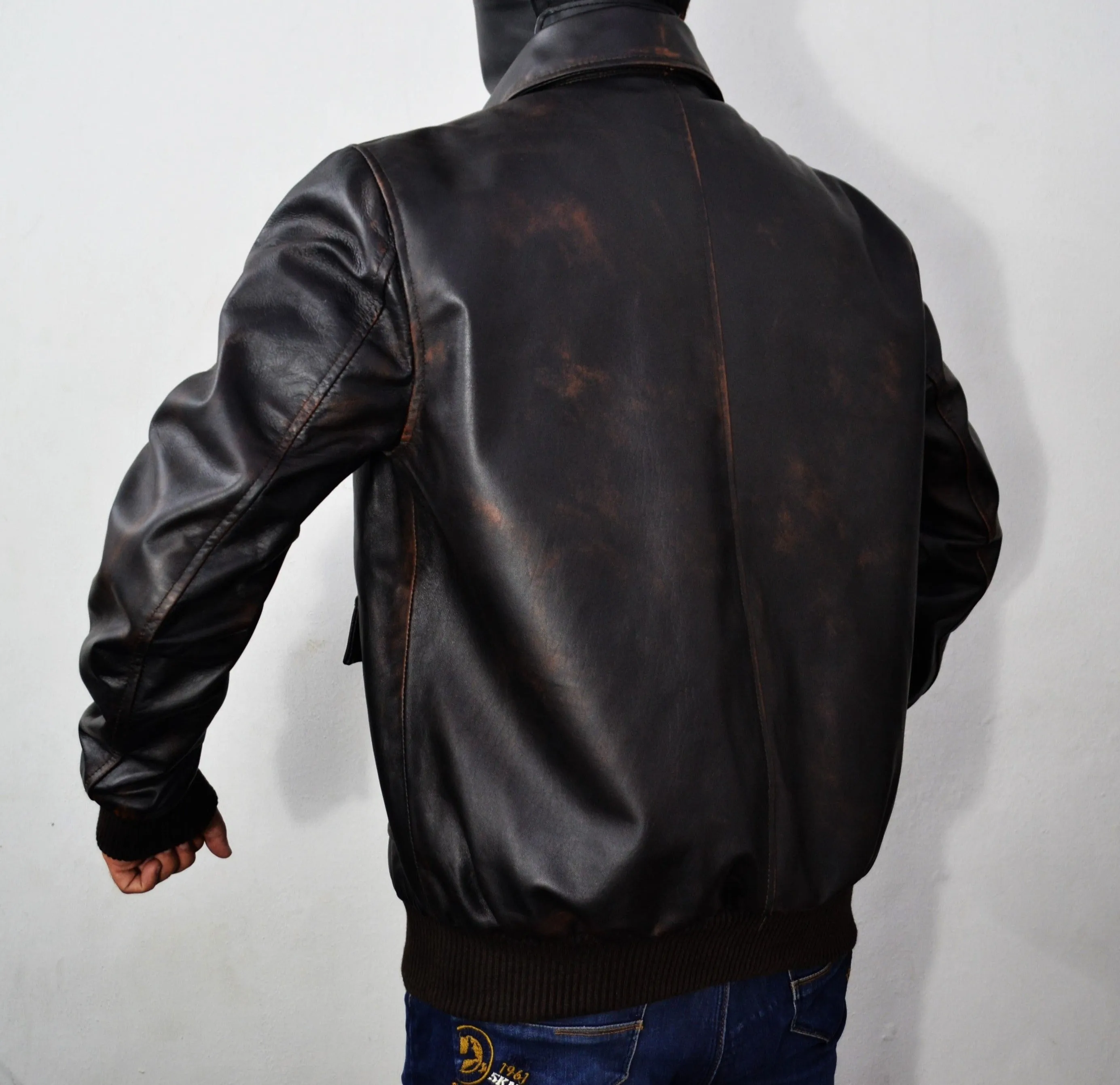 Men's Distressed Brown Bomber Aviator Pilot Genuine Leather Jacket