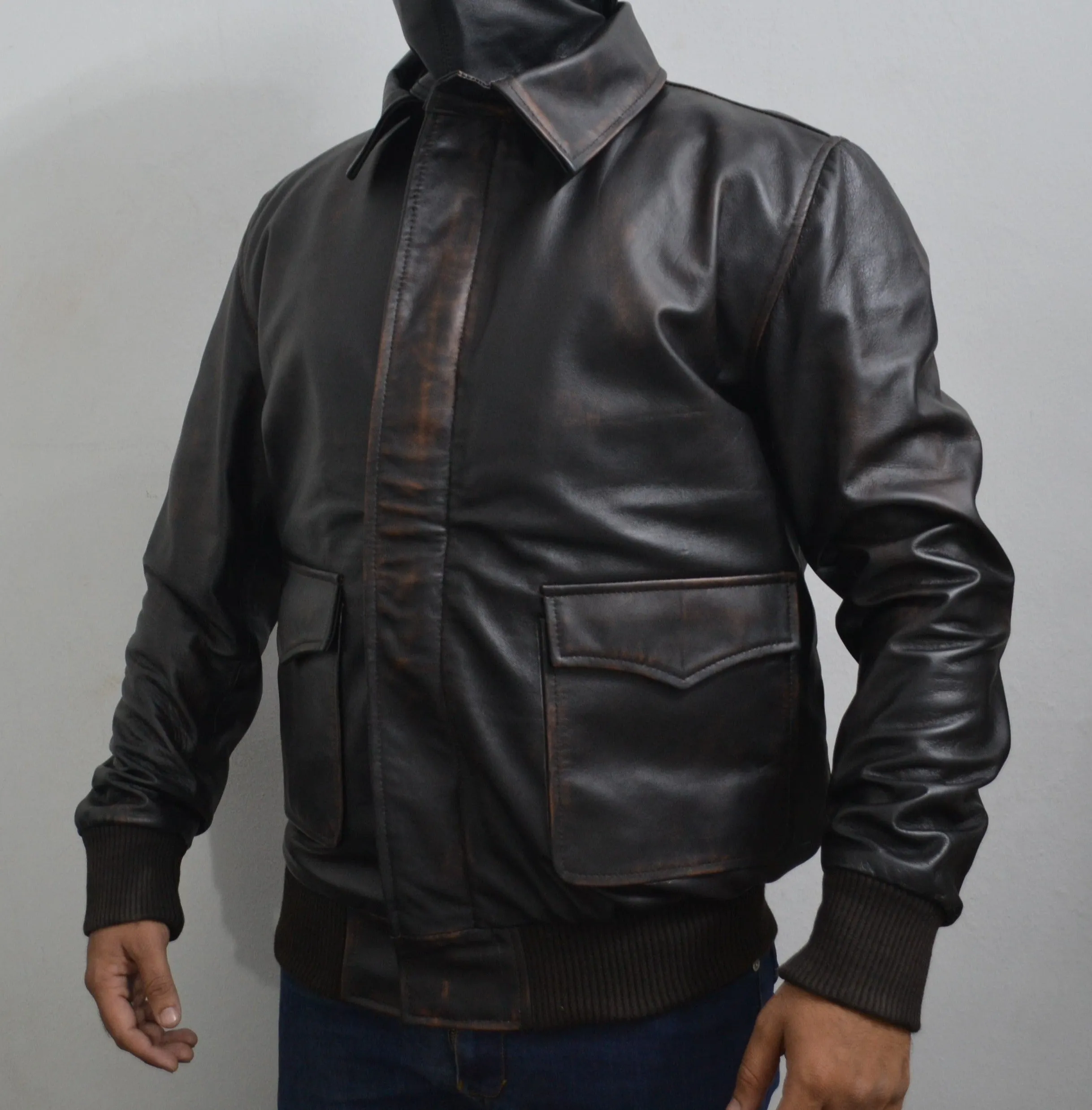 Men's Distressed Brown Bomber Aviator Pilot Genuine Leather Jacket