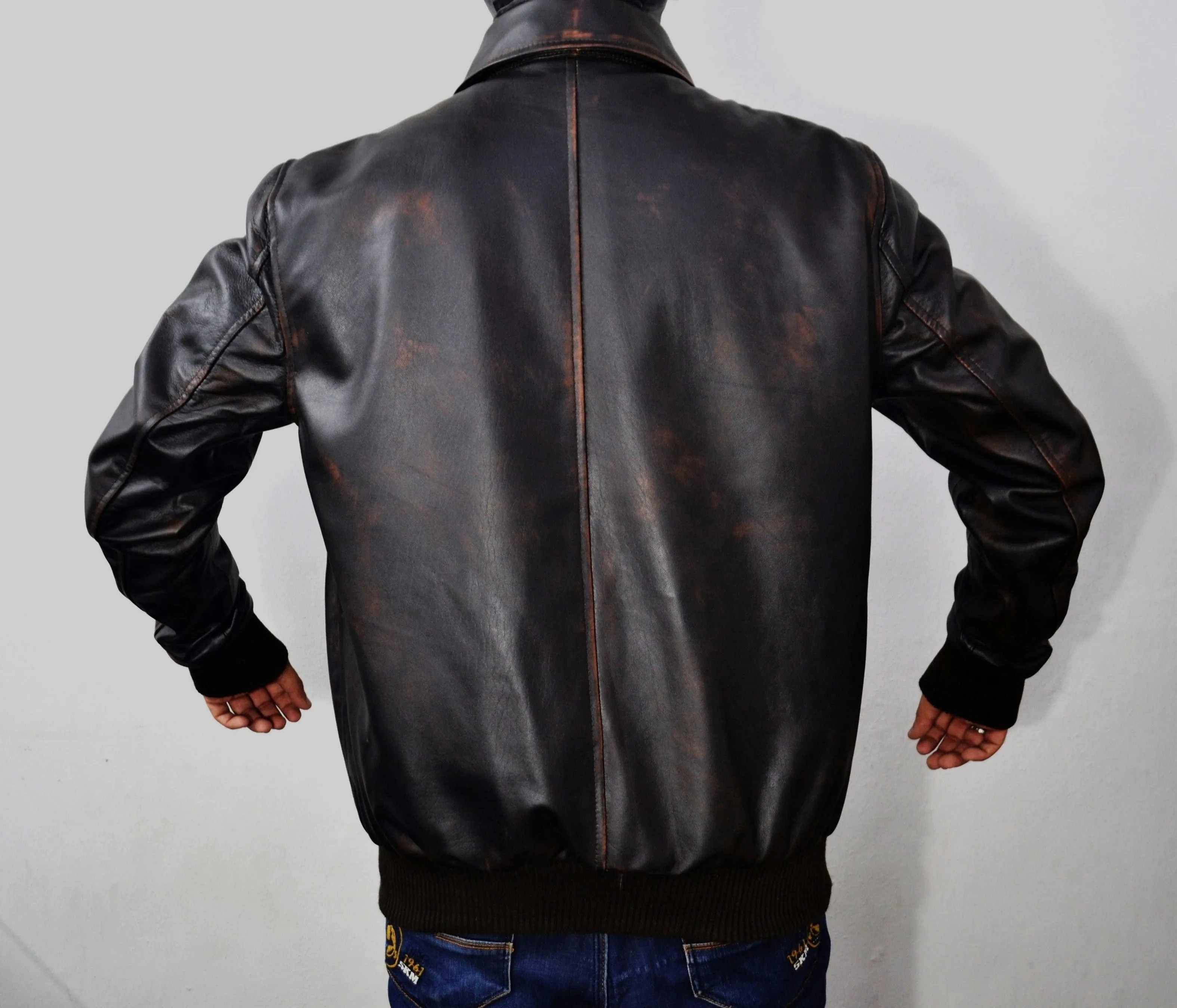 Men's Distressed Brown Bomber Aviator Pilot Genuine Leather Jacket