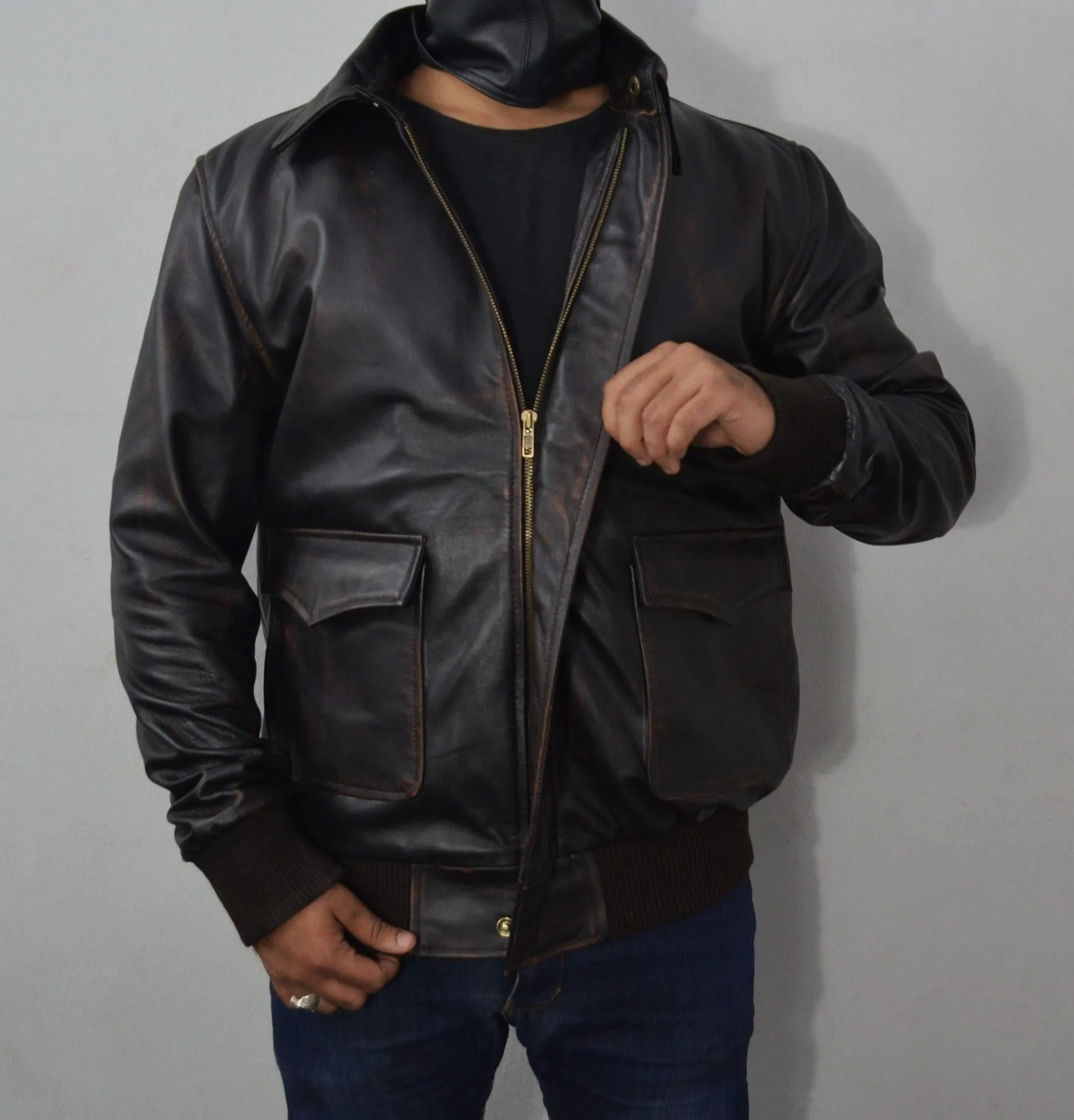 Men's Distressed Brown Bomber Aviator Pilot Genuine Leather Jacket