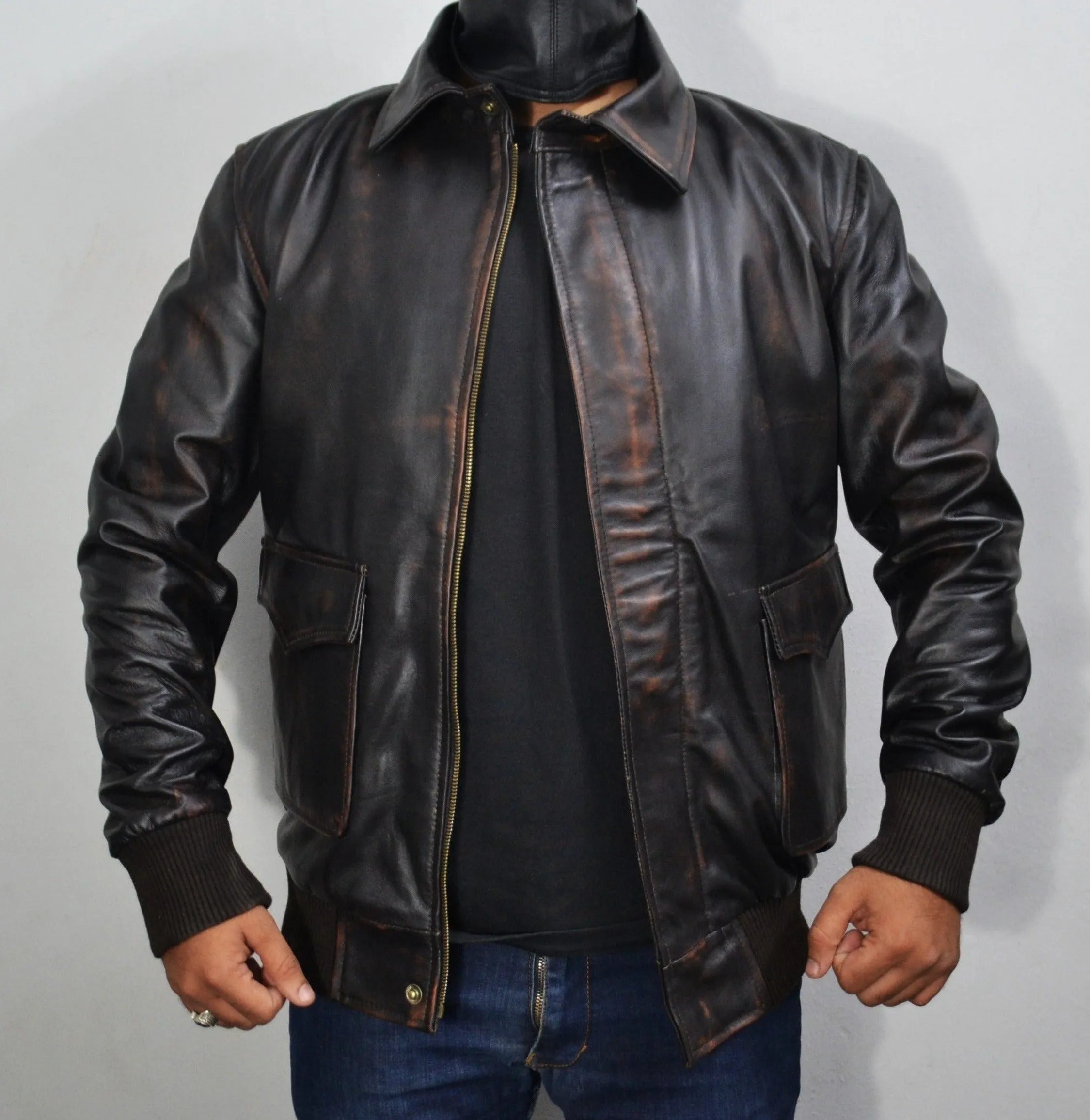 Men's Distressed Brown Bomber Aviator Pilot Genuine Leather Jacket