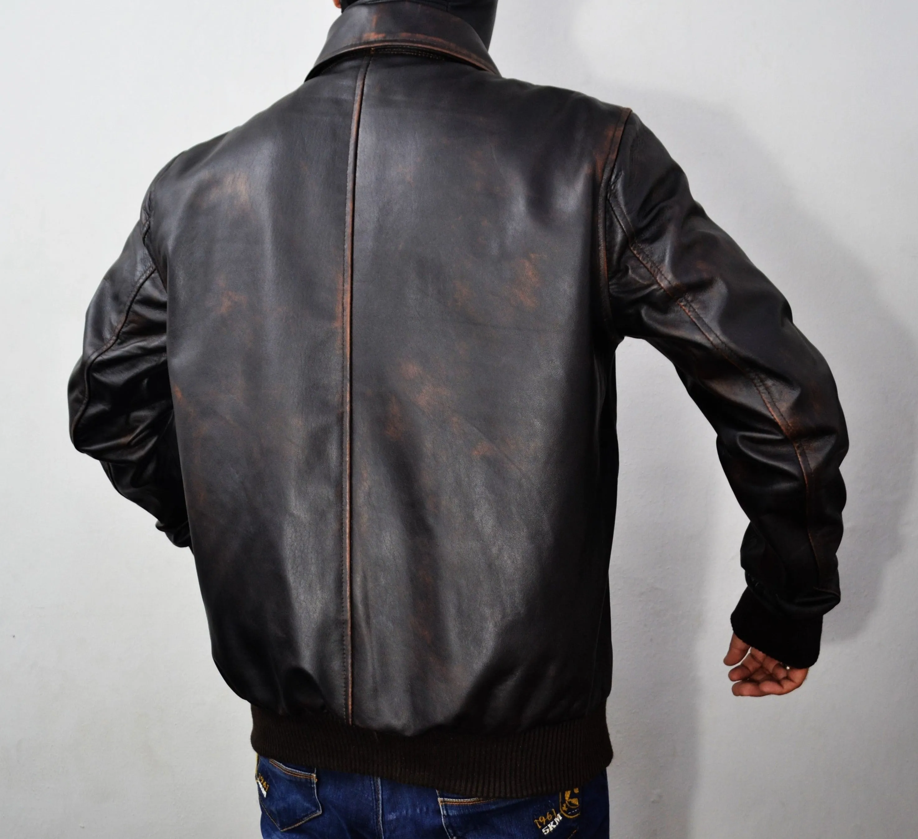 Men's Distressed Brown Bomber Aviator Pilot Genuine Leather Jacket