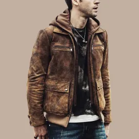 Men’s Distressed Brown Bomber Leather Jacket with Hood