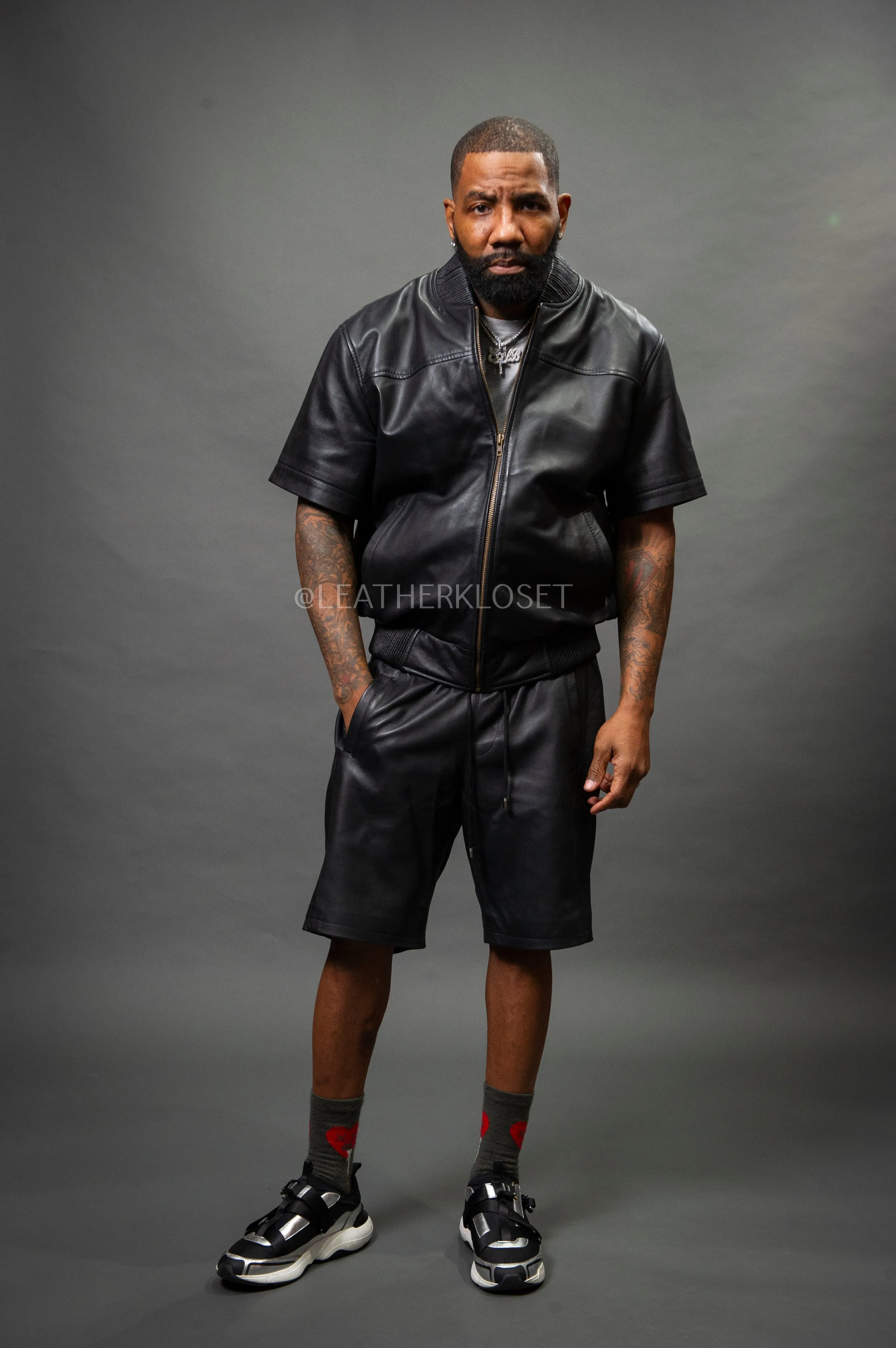 Men's Leo Leather Shorts and Jacket Set [Black/Black}