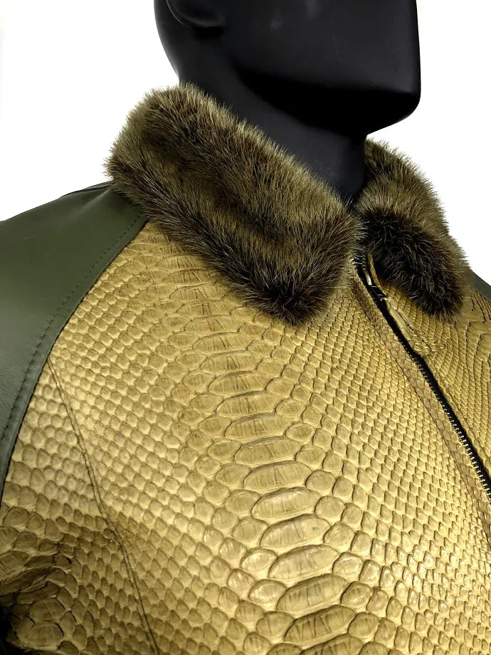 Men's Olive Green Lambskin Leather Jacket & Python Trimming With Mink Collar Style #1020-2