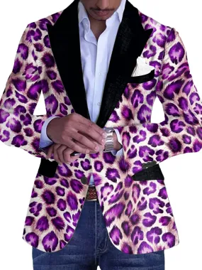 Men's Stylish Purple Leopard Print Single Breasted Casual Blazer