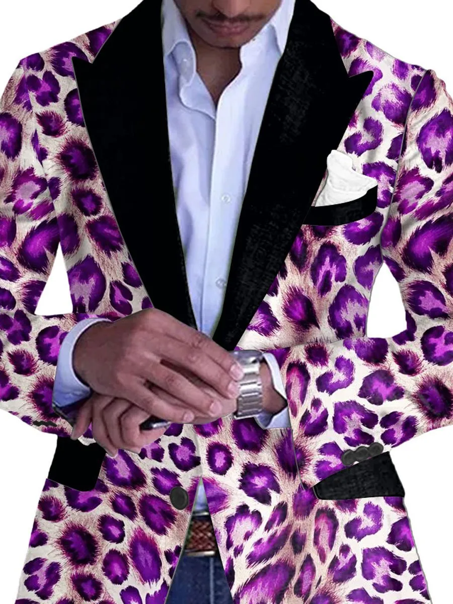 Men's Stylish Purple Leopard Print Single Breasted Casual Blazer