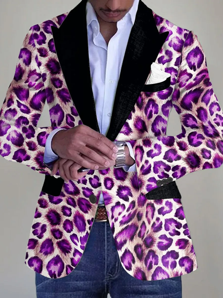 Men's Stylish Purple Leopard Print Single Breasted Casual Blazer