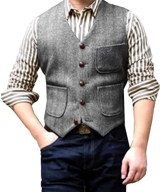 Mens Vests Tweed Suit Business Vest Steampunk Waistcoat Jacket Brown Black Victorian Style Groomman Clothing For Wedding Man