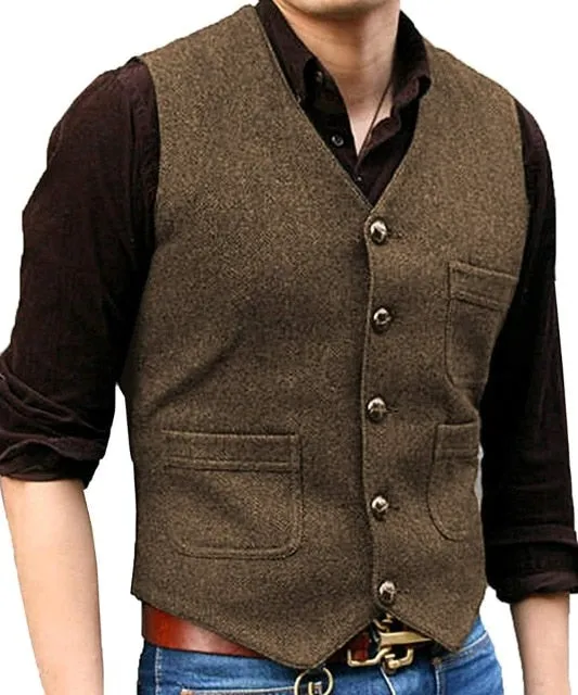 Mens Vests Tweed Suit Business Vest Steampunk Waistcoat Jacket Brown Black Victorian Style Groomman Clothing For Wedding Man