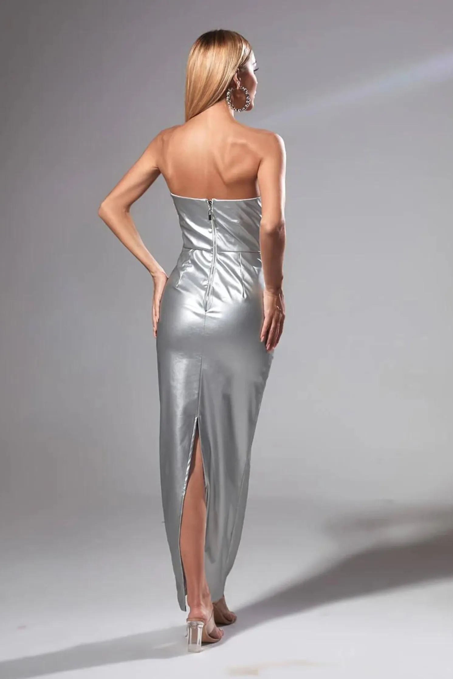 Metallic Strapless PU Leather Long Dress