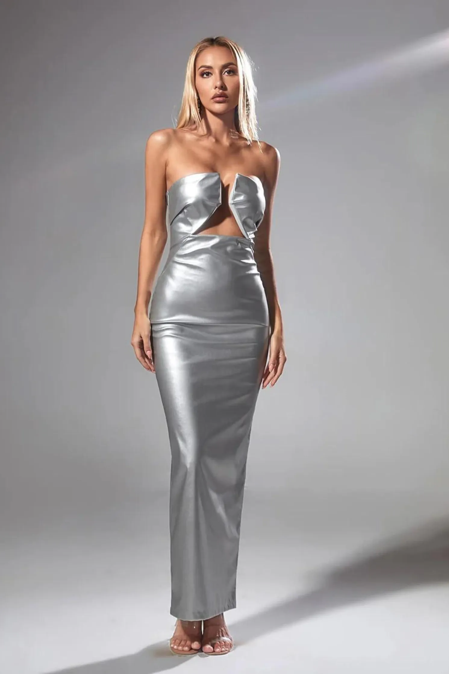 Metallic Strapless PU Leather Long Dress