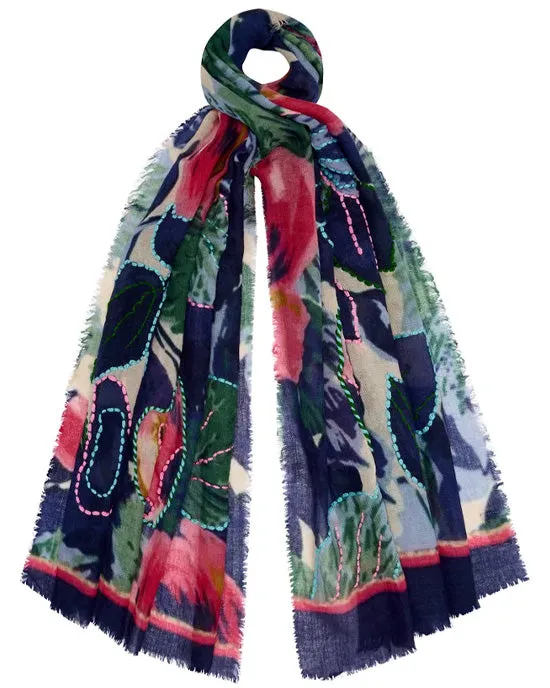 Midnight Flora embroidered wool scarf