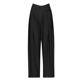 Minimalist Ruched Solid Trouser For Women High Waist Black Wide Leg Pants Female Fashion Clothing Style