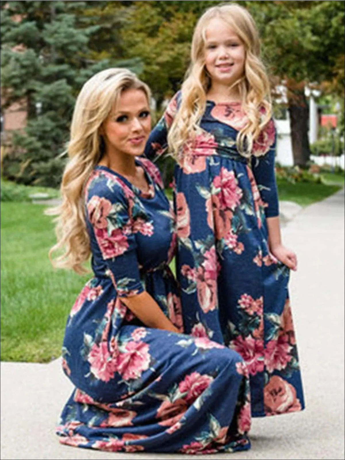 Mommy And Me Blue Long Sleeve Fall Floral Print Maxi Dress