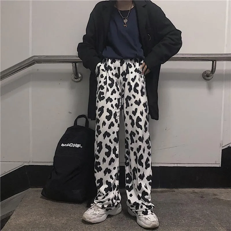 Monochrome Leopard Print Retro Aesthetic Loose Pants