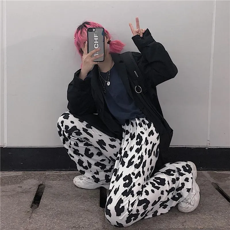 Monochrome Leopard Print Retro Aesthetic Loose Pants