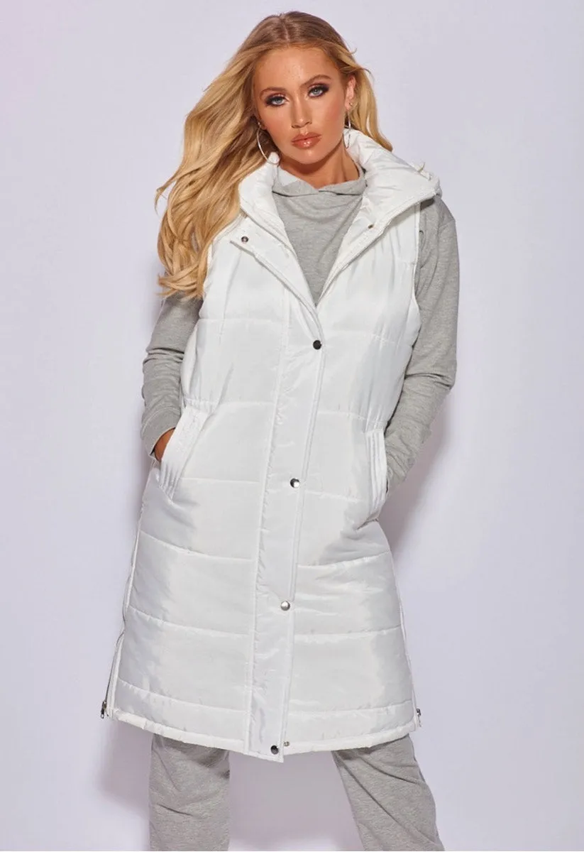 Off White Hooded Longline Puffer Gilet