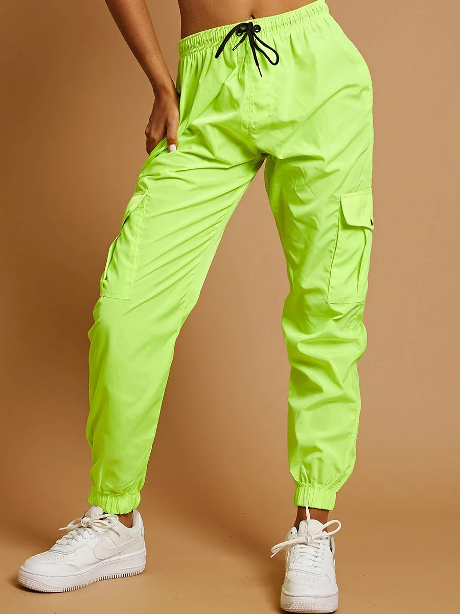 Olive Lightweight Shell Cargo Joggers In Neon Green