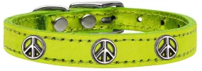 Peace Sign Widget Genuine Metallic Leather Dog Collar Lime Green 26