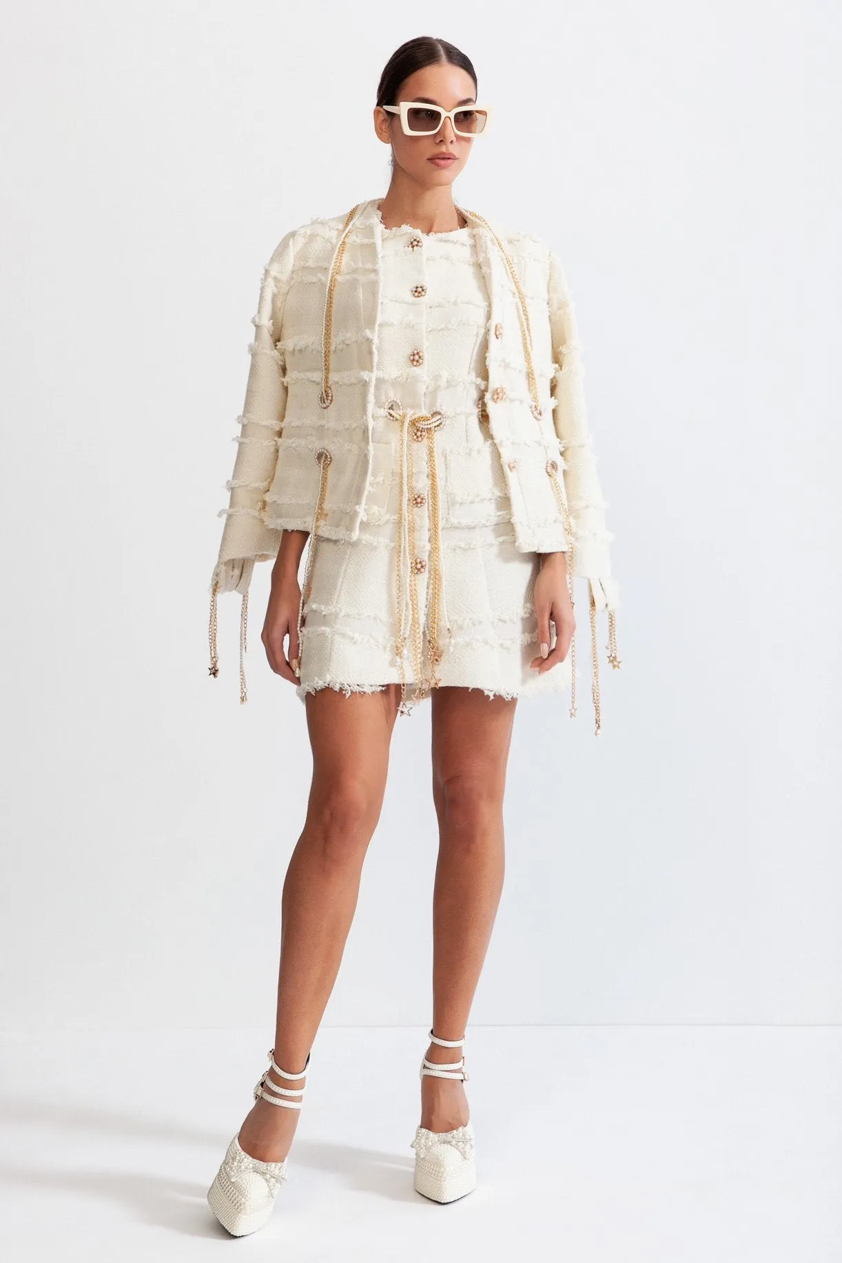 Pearl Chain Tweed Blazer - Beige