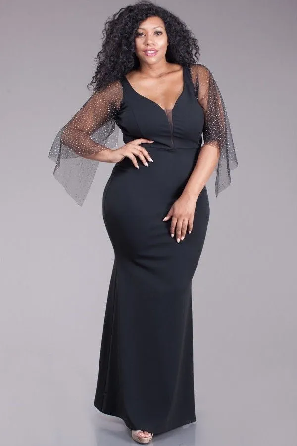 Plus Dress Maxi Gown Mermaid Black See Thru Mesh Sleeve Glitter Sexy Hourglass