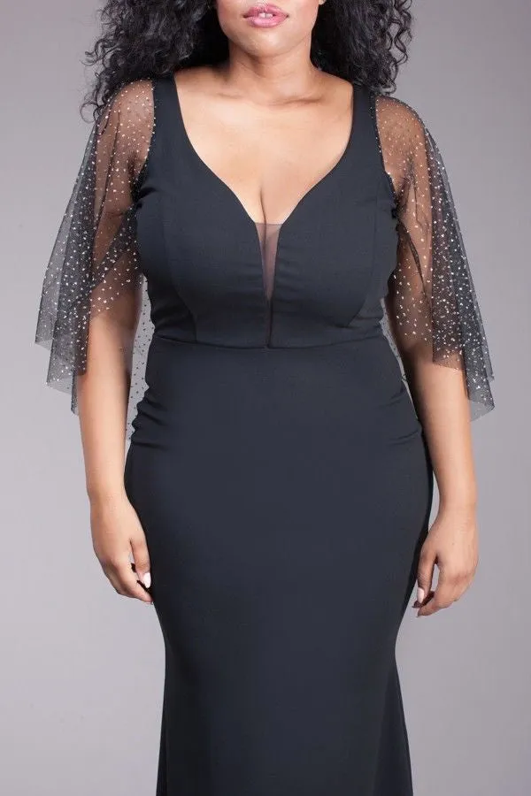 Plus Dress Maxi Gown Mermaid Black See Thru Mesh Sleeve Glitter Sexy Hourglass