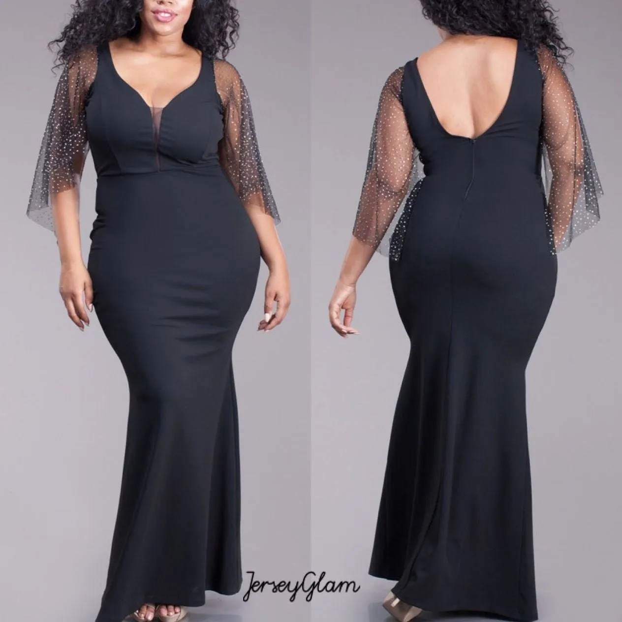 Plus Dress Maxi Gown Mermaid Black See Thru Mesh Sleeve Glitter Sexy Hourglass