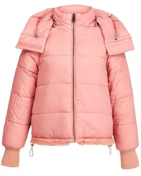 Powder Pink Abrasion Faux Fur Reversible Puffer Jacket