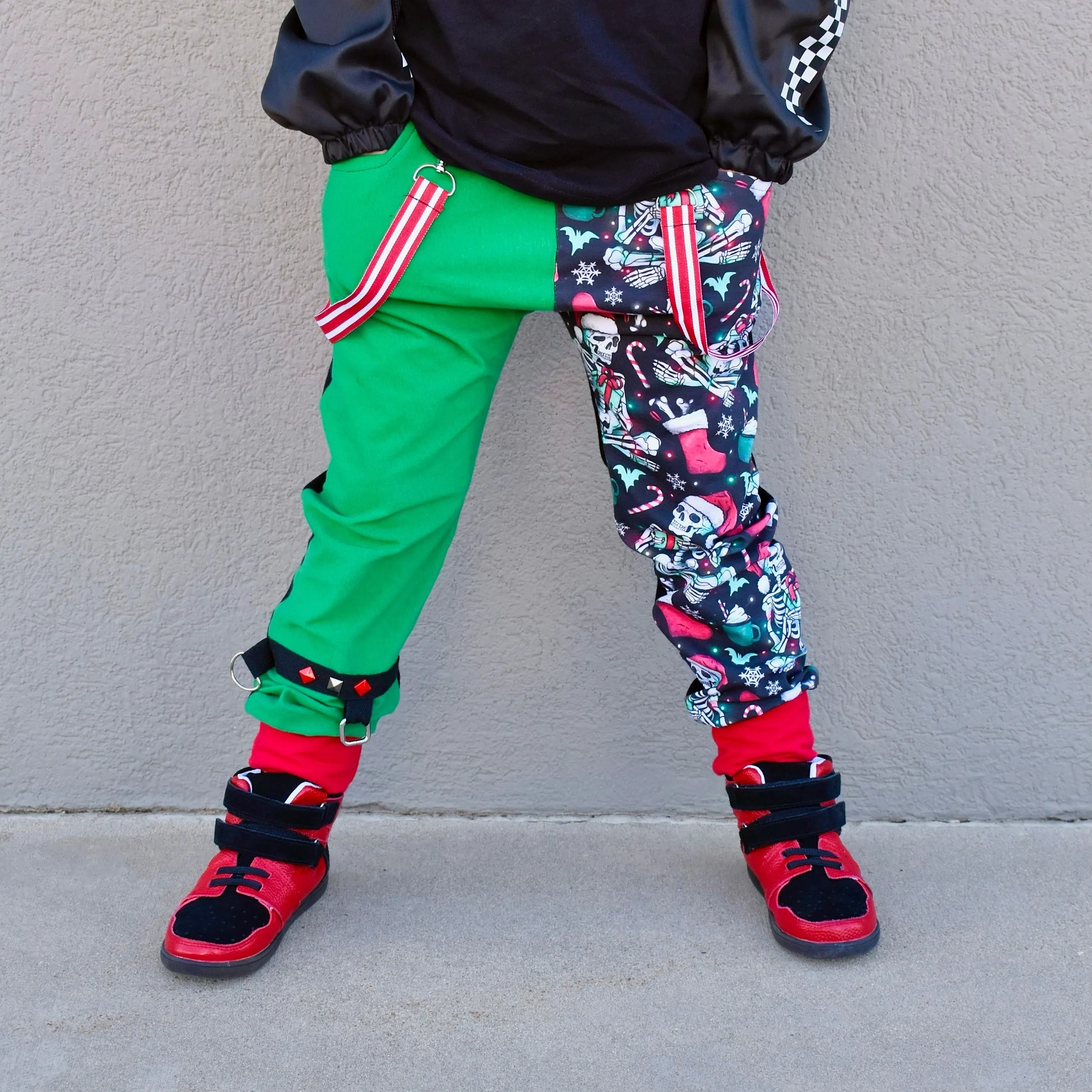 Punk Creepy Christmas joggers Pants with straps ,unisex boys girls skeleton print