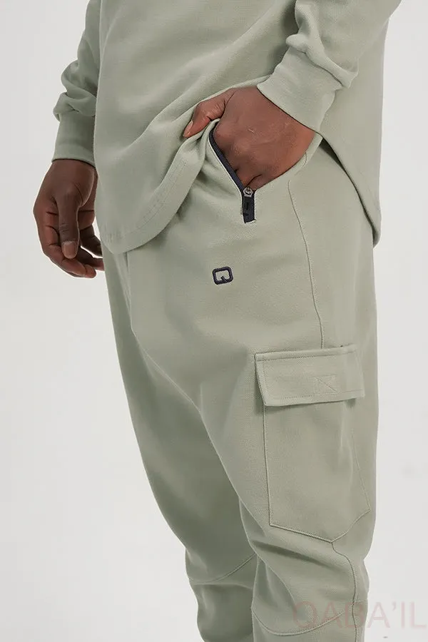 QL Sniper Set Cargo Joggers and Longline Top in Almond Green