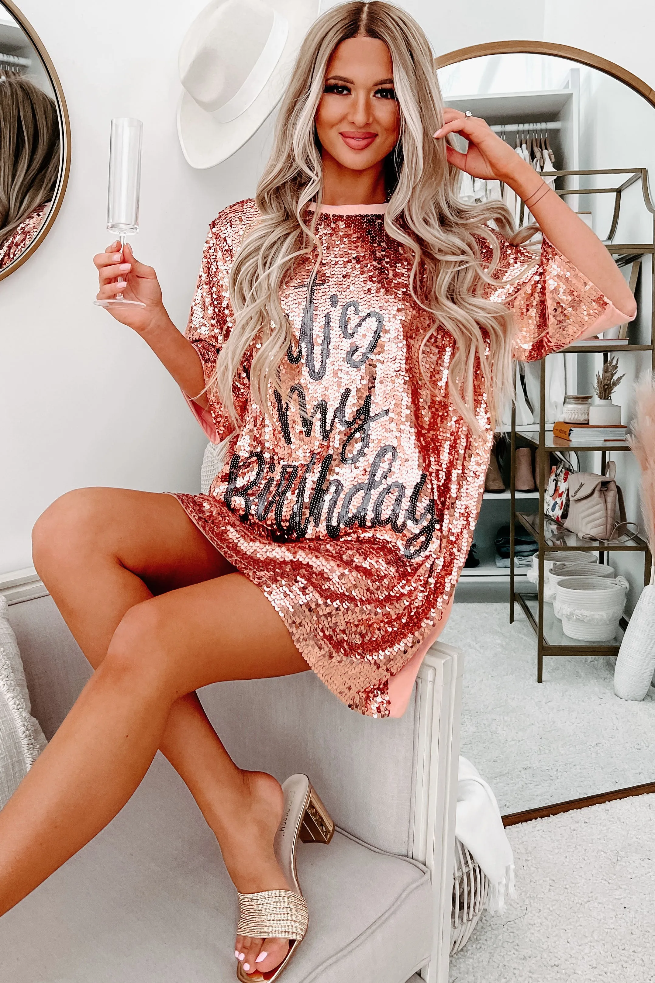 "It's My Birthday" Sequin T-Shirt Dress (Rose Gold)