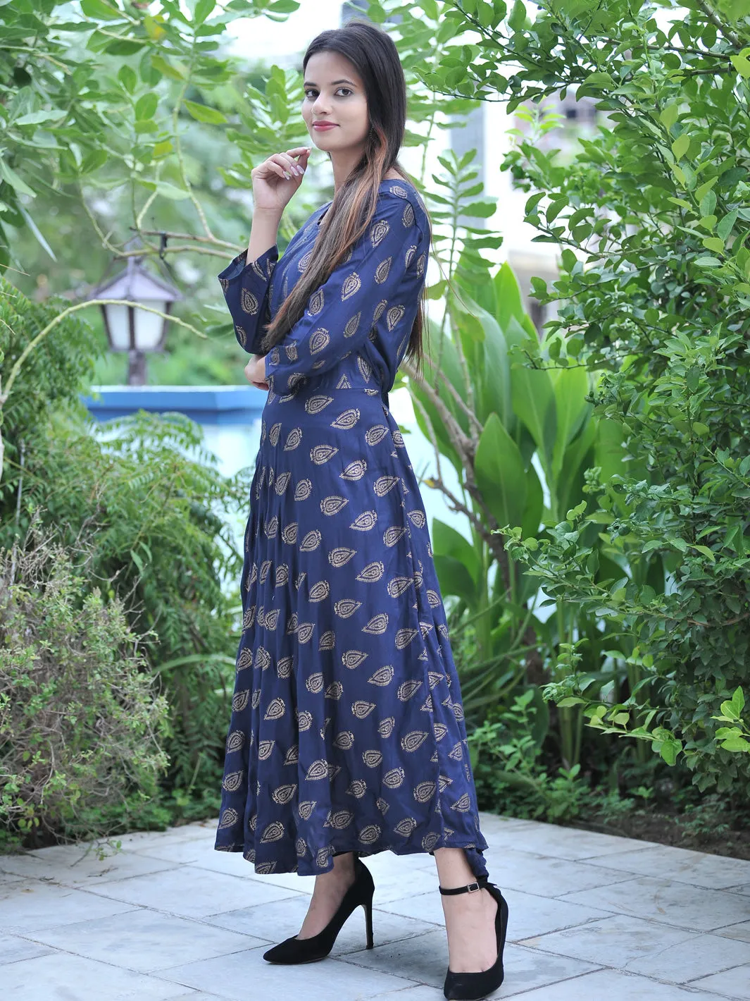 Rayon Blue Women Maxi Long Kurti Gown