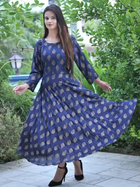 Rayon Blue Women Maxi Long Kurti Gown