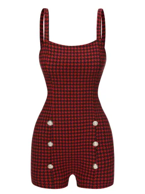 Red 1950s Spaghetti Strap Button Plaids Romper