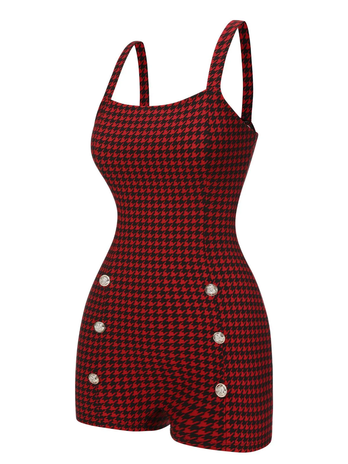 Red 1950s Spaghetti Strap Button Plaids Romper