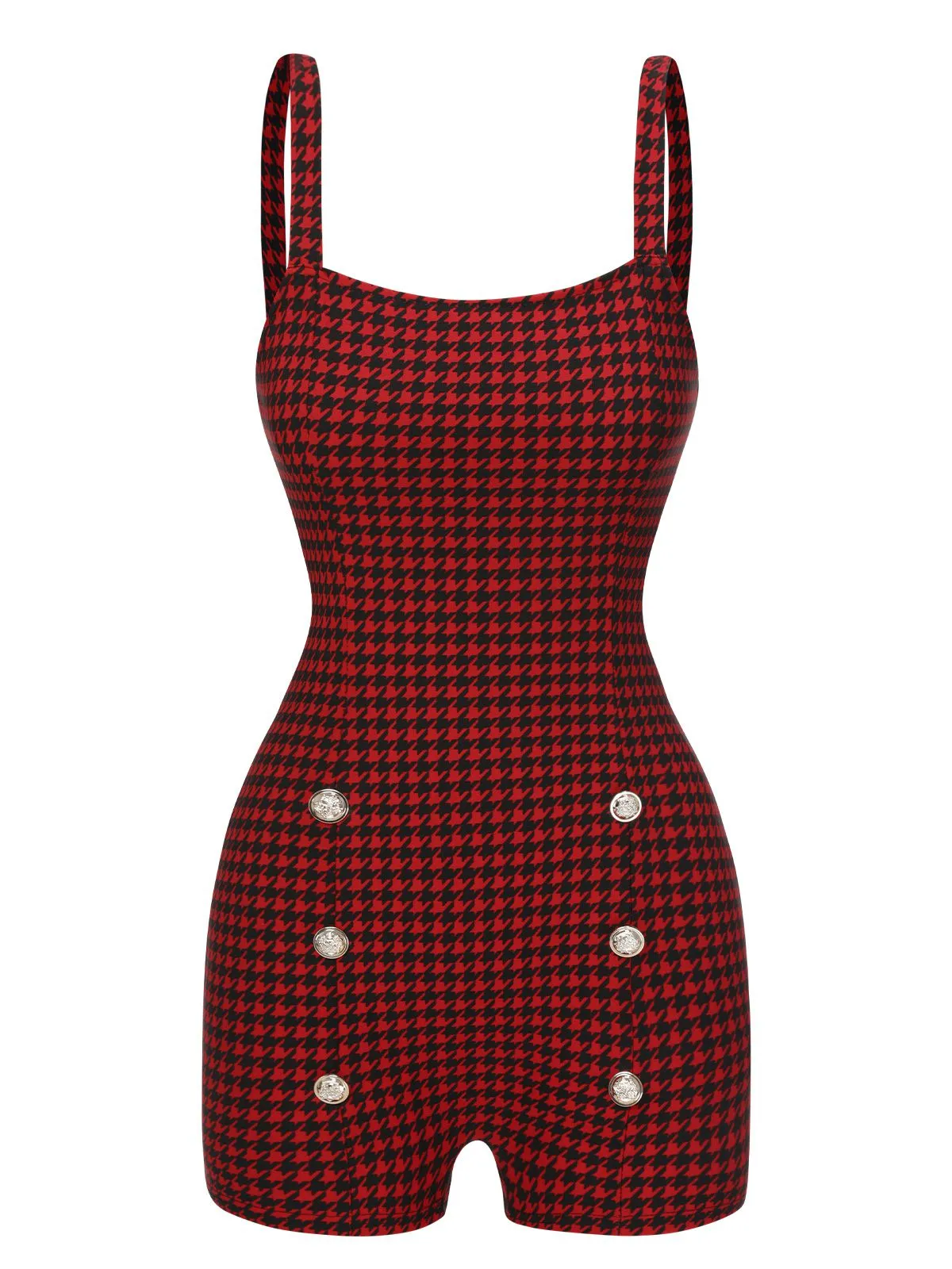 Red 1950s Spaghetti Strap Button Plaids Romper