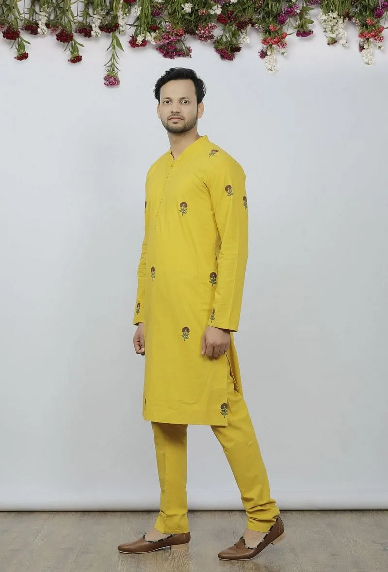 Set Of 2: Bright Yellow Cotton Block Print Kurta and Pyjama