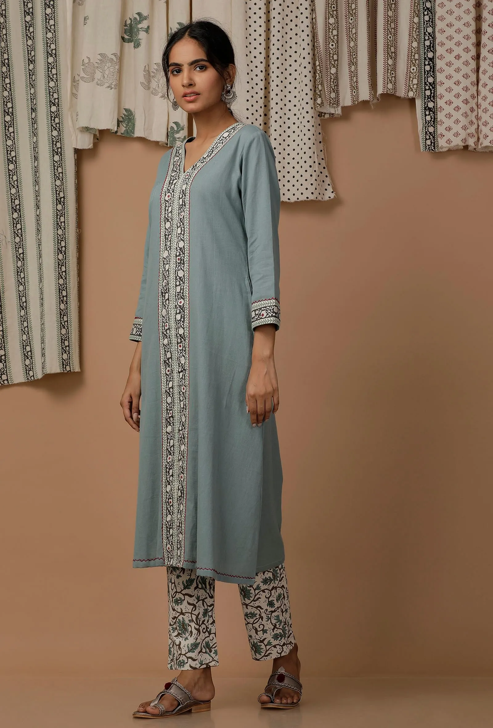 Set of 2: Pastel Blue Handblock Cotton Flex Kurta and Pants