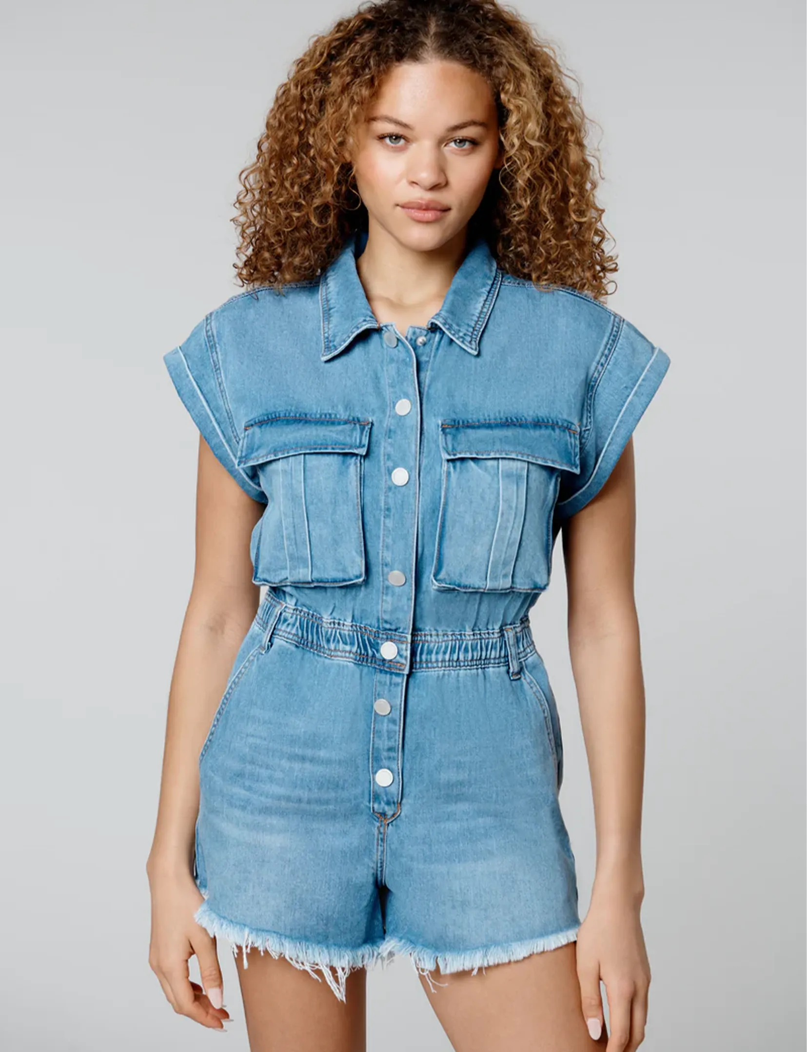 Short Sleeve Distressed Denim Romper, Sit Tight