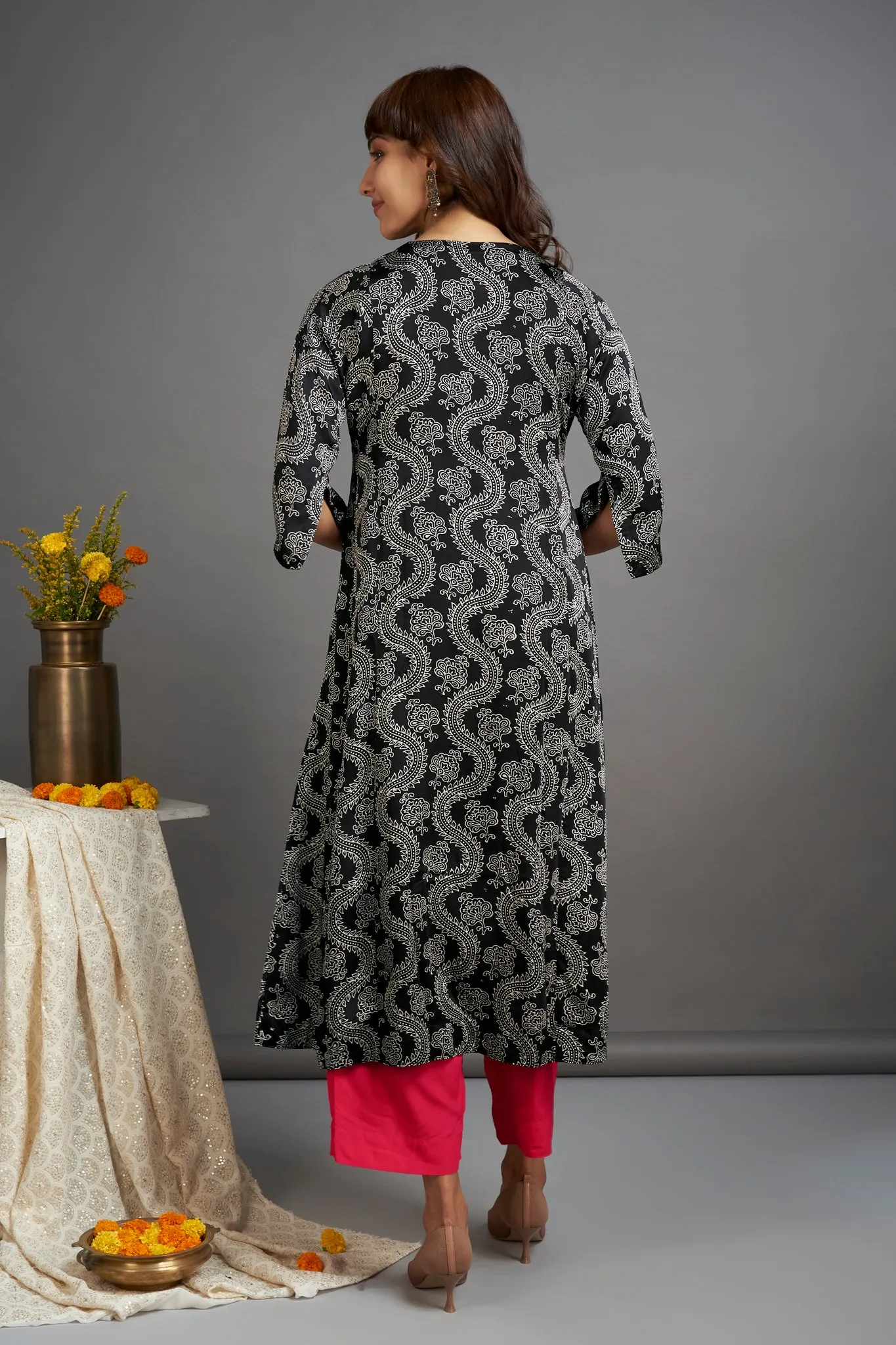 silk modal kalidar kurta with dori - midnight dreams & vermillion mist