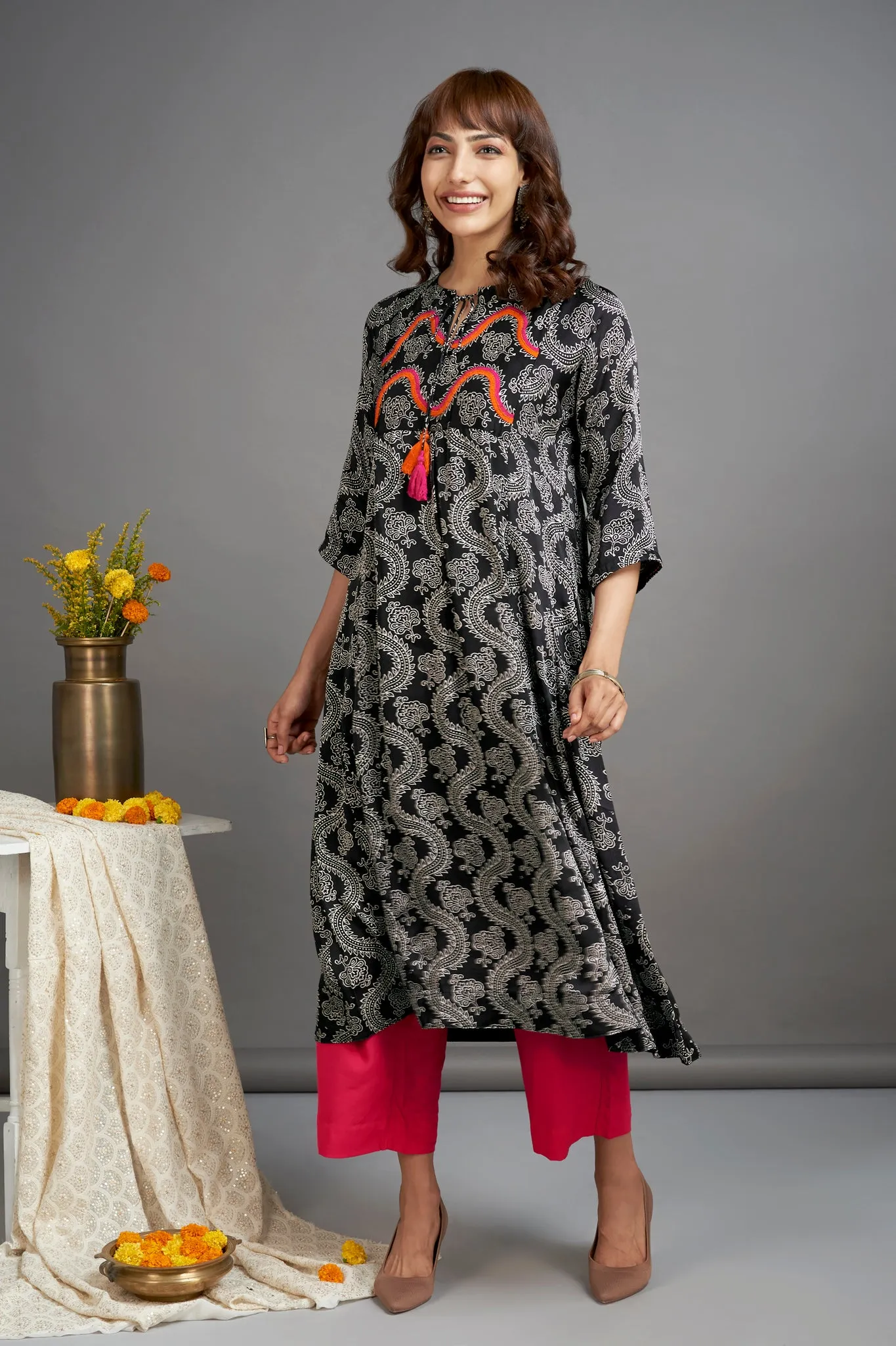 silk modal kalidar kurta with dori - midnight dreams & vermillion mist